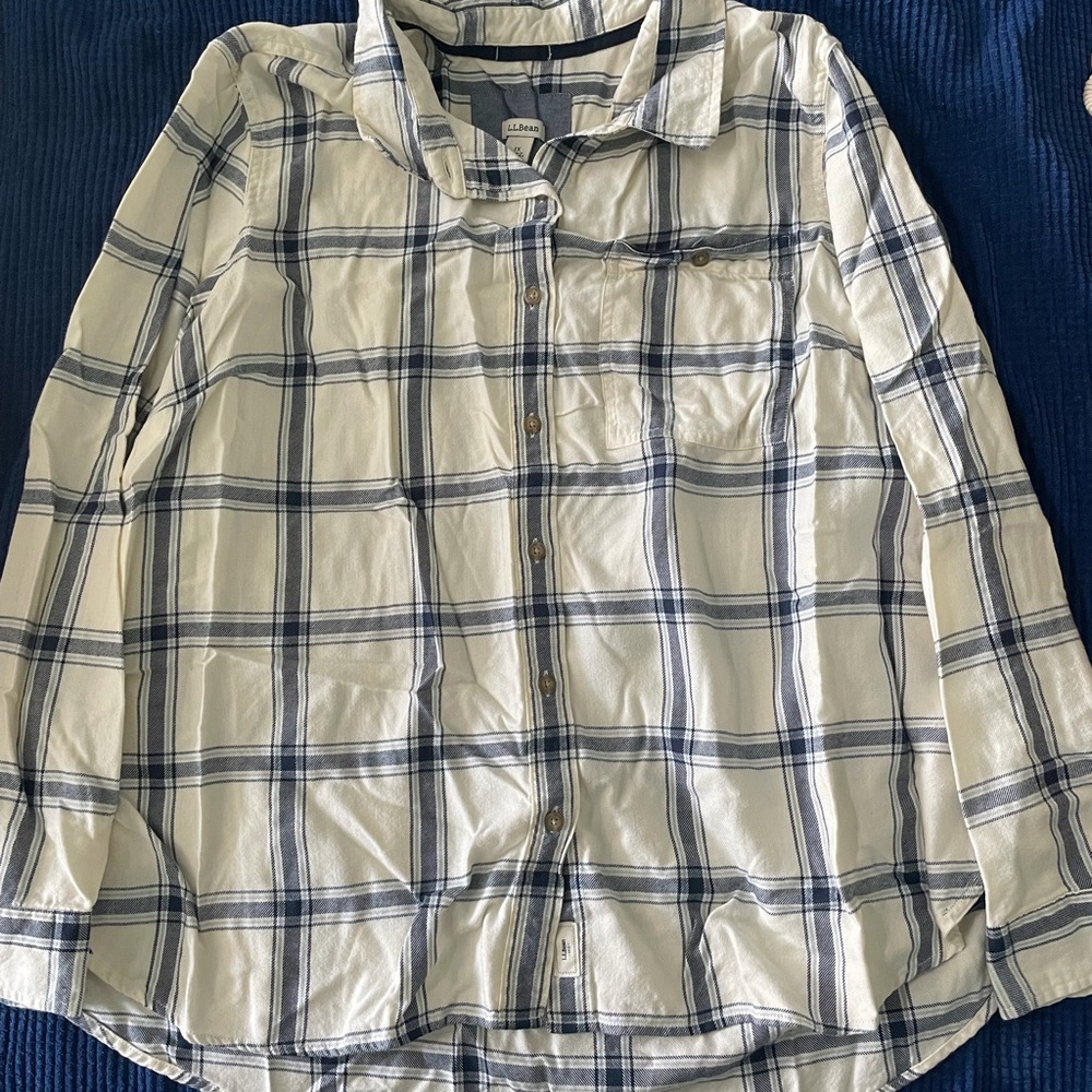 LL Bean Blue and White Flannel Button-Up Shirt